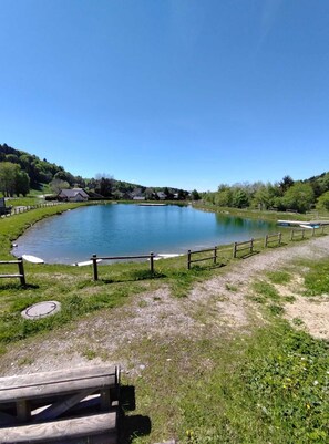 A serene lake with a wooden deck, surrounded by grassy areas and trees.