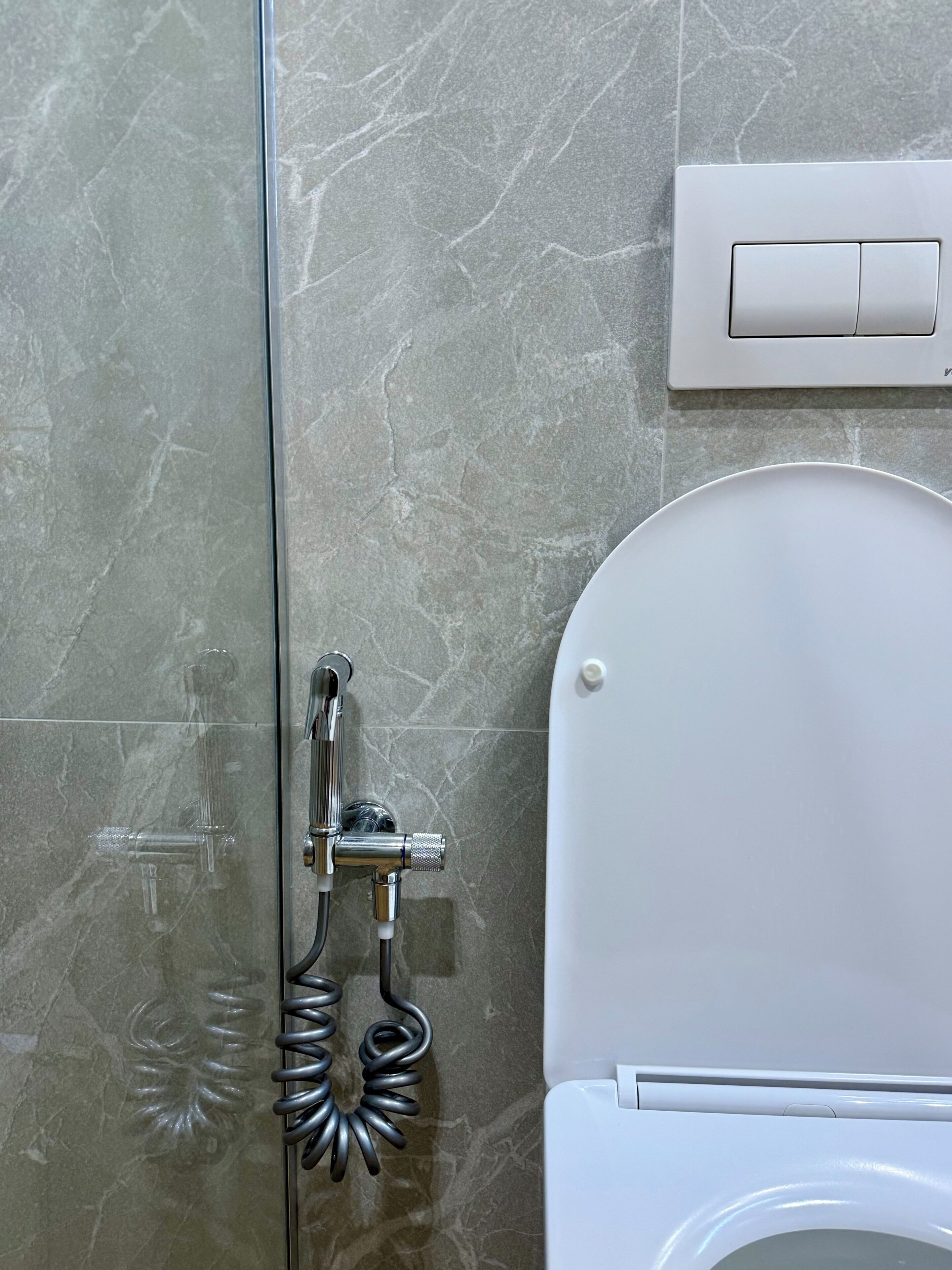 A bathroom with a glass shower enclosure, a white toilet, and a wall-mounted light switch.
