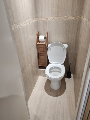 Shower, hair dryer, towels, toilet paper