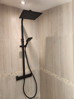 Une douche équipée d’un pommeau de douche à main et d’un pommeau de douche fixe au plafond, le tout installé sur un mur orné de carreaux.