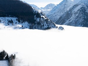 Un paisaje montañoso con picos nevados y una zona boscosa.
