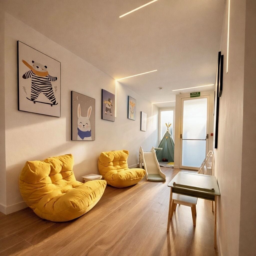 Un interior moderno con suelo de madera, sillones de mimbre amarillos, una mesita y cuadros en la pared.