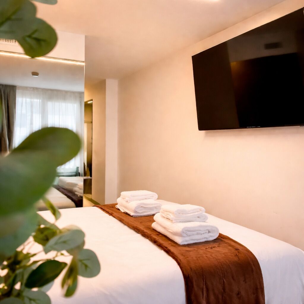 Habitación de hotel con cama, televisión montada en la pared y una planta en primer plano.