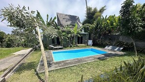 A swimming pool surrounded by a grassy area with a house and lush vegetation in the background. - Mejan Beach Home Stay (Selemadeg)