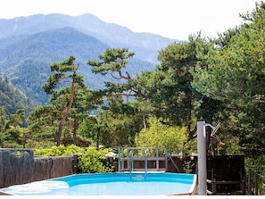 A swimming pool with a view of mountains and pine trees.