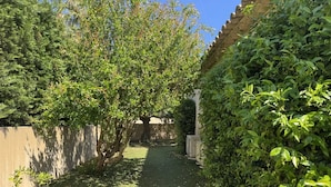 A narrow pathway flanked by dense foliage and a low wall. - Quiet villa with air conditioning and pool (Cavalaire-sur-Mer)
