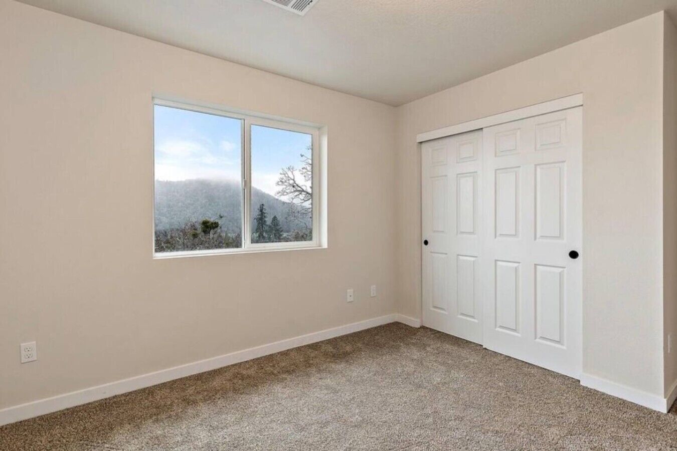 A room with beige walls, a carpeted floor, a double window with a view of mountains, and a white door with a handle.