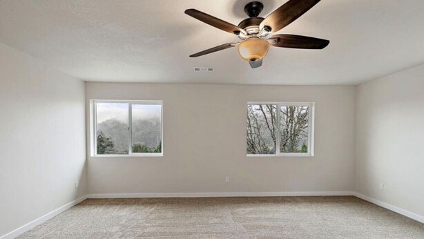 A room with carpeted flooring, two windows, and a ceiling fan. - 4 Bed 3 Bath House In With Movie Theatre FREE WIFI (Gold Hill)