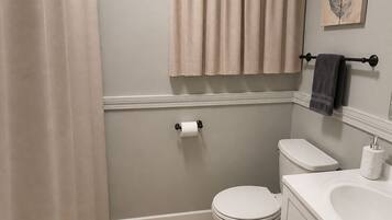 Hair dryer, towels, soap, toilet paper