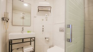 Et badeværelse med toilet, vask, spejl, håndklædestang, brusebad og brusekabine med glasvægge.