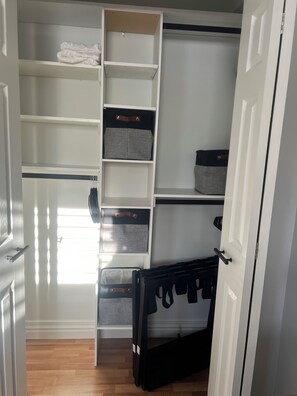 A walk-in closet with open shelves, storage boxes, and a hanging rack.