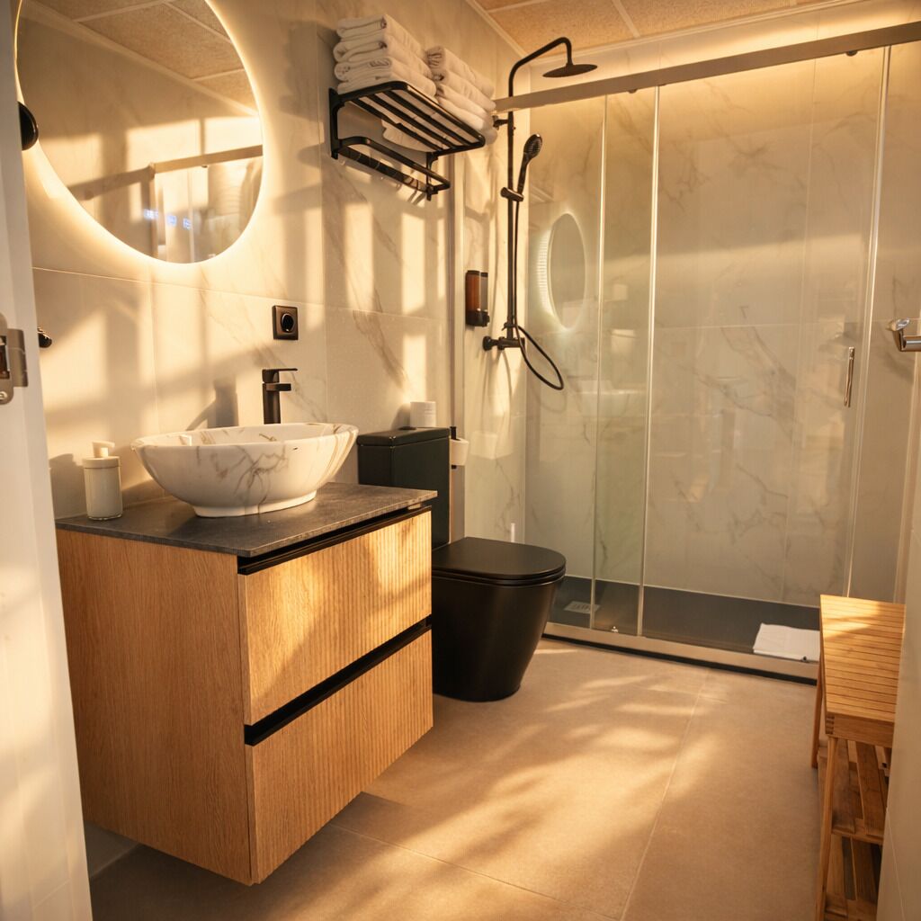 A modern bathroom with a marble sink, wooden vanity, a glass shower enclosure, and a round mirror.