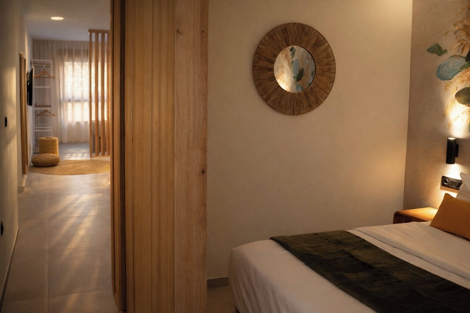 Ein Hotelzimmer mit einem Bett, einem runden Spiegel, einer Holztür und einem Flur, der zu einem Badezimmer führt.