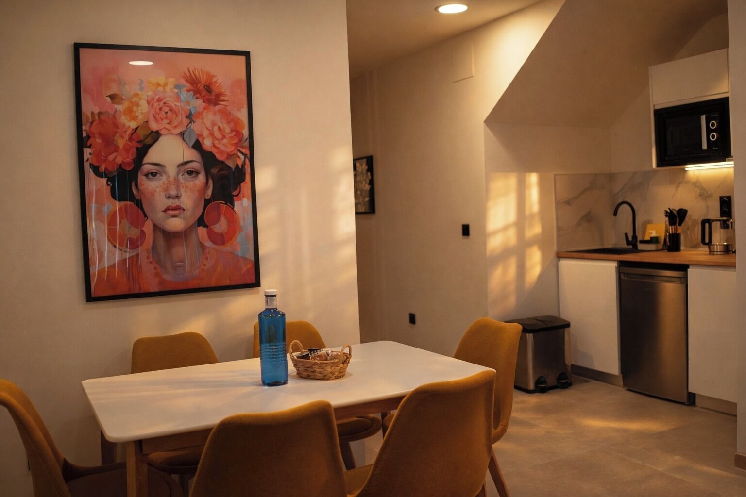 A dining area with a table, chairs, a painting, and a kitchen in the background.