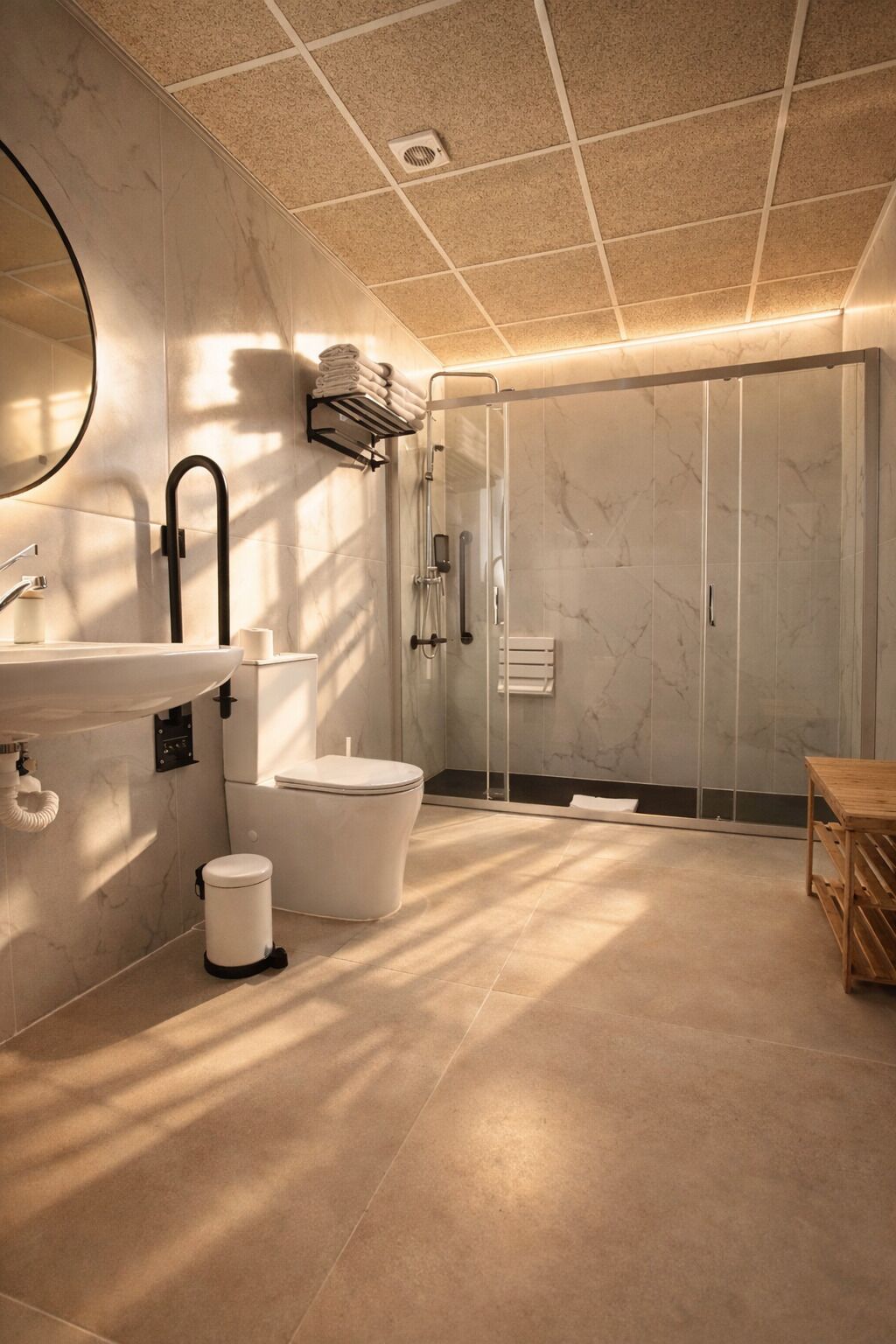 A modern bathroom with a sink, toilet, and shower.