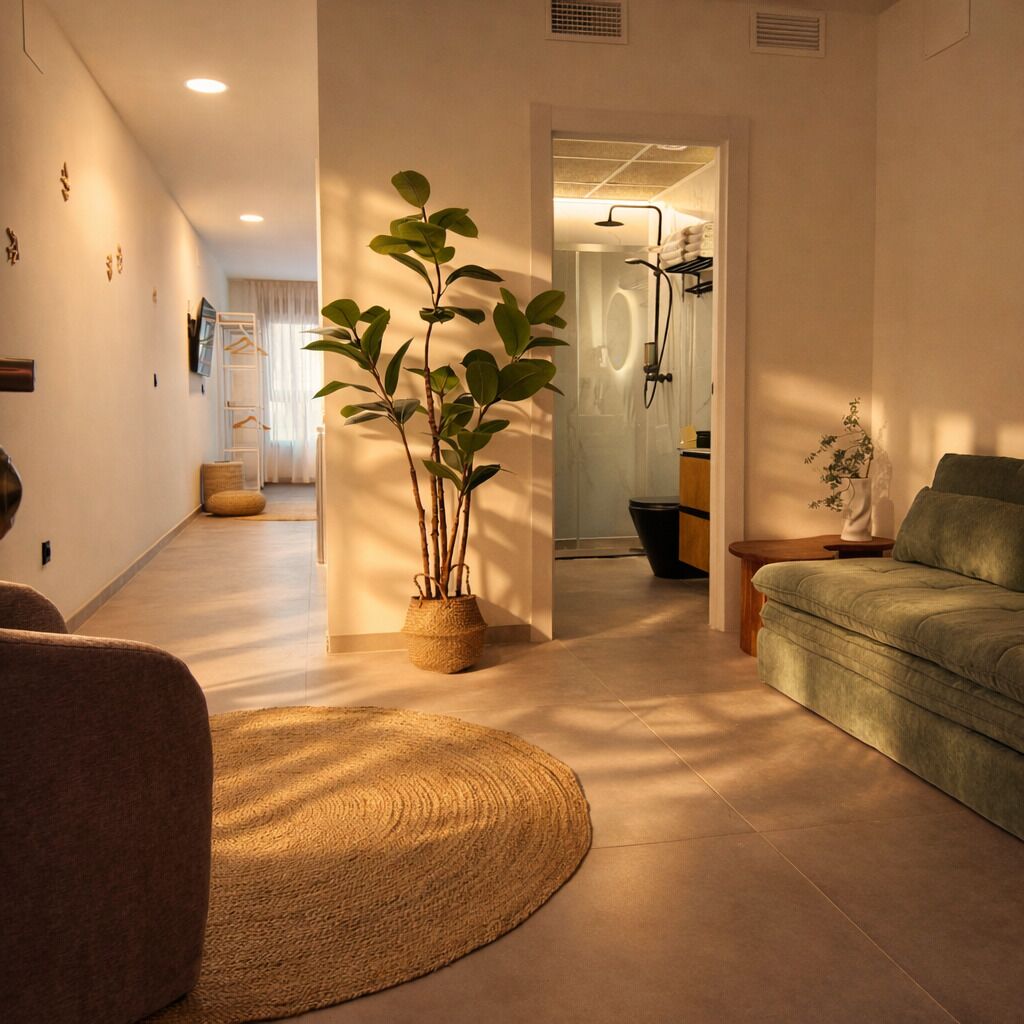 Una sala moderna con un sofá, una mesa de centro, una planta en maceta y un tapete tejido grande.