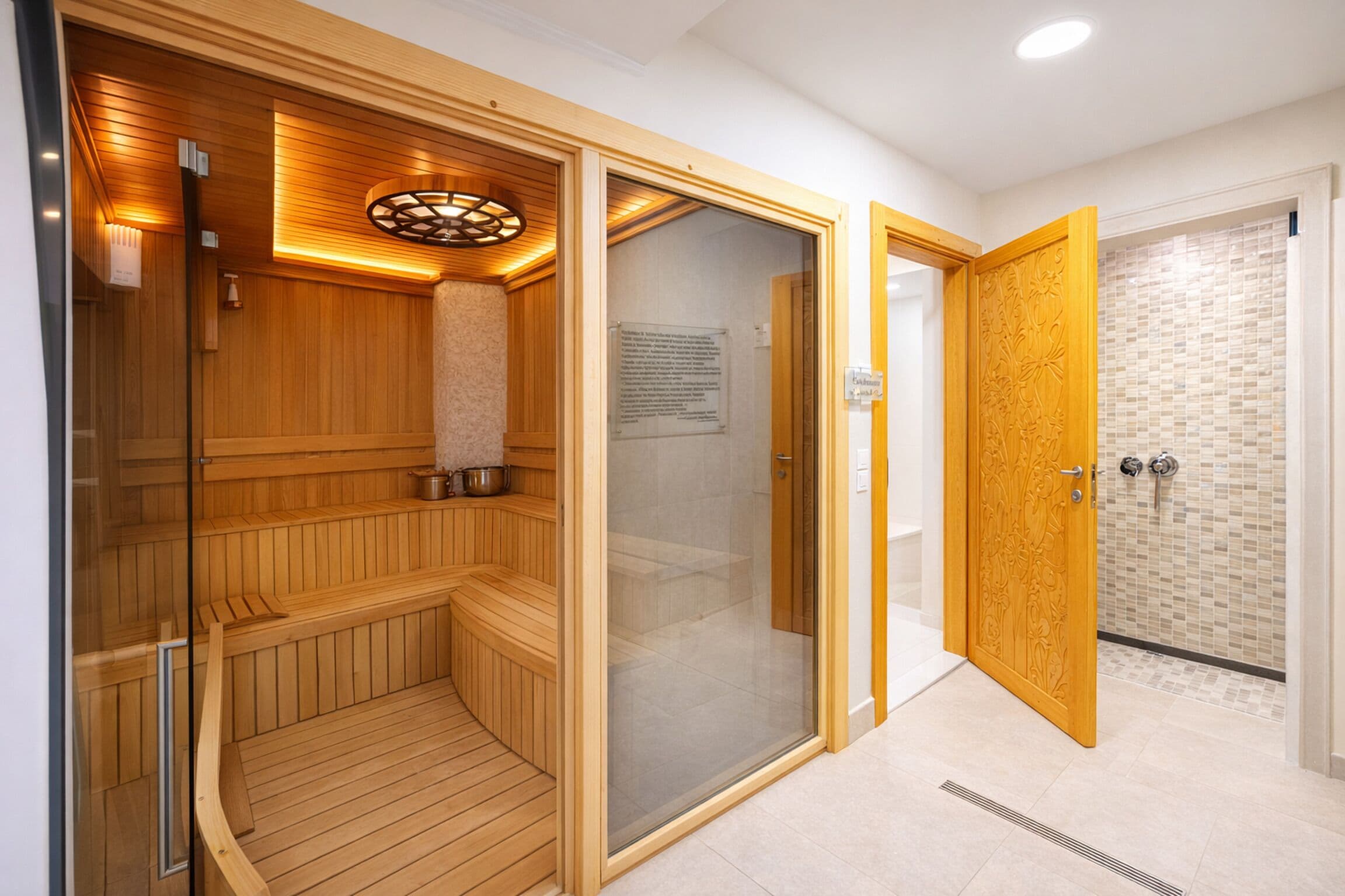 A sauna with wooden walls and a glass door, a tiled shower area, and a wooden door with a floral design.