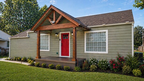 Una casa de un piso con puerta principal roja, dos ventanas y un porche.