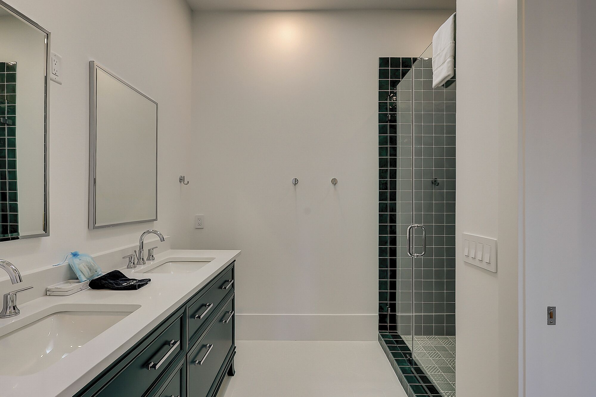 A modern bathroom with a double sink vanity, a large mirror, and a glass shower enclosure.