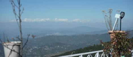 A mountainous landscape with a clear sky, a metal railing, and a weather vane.