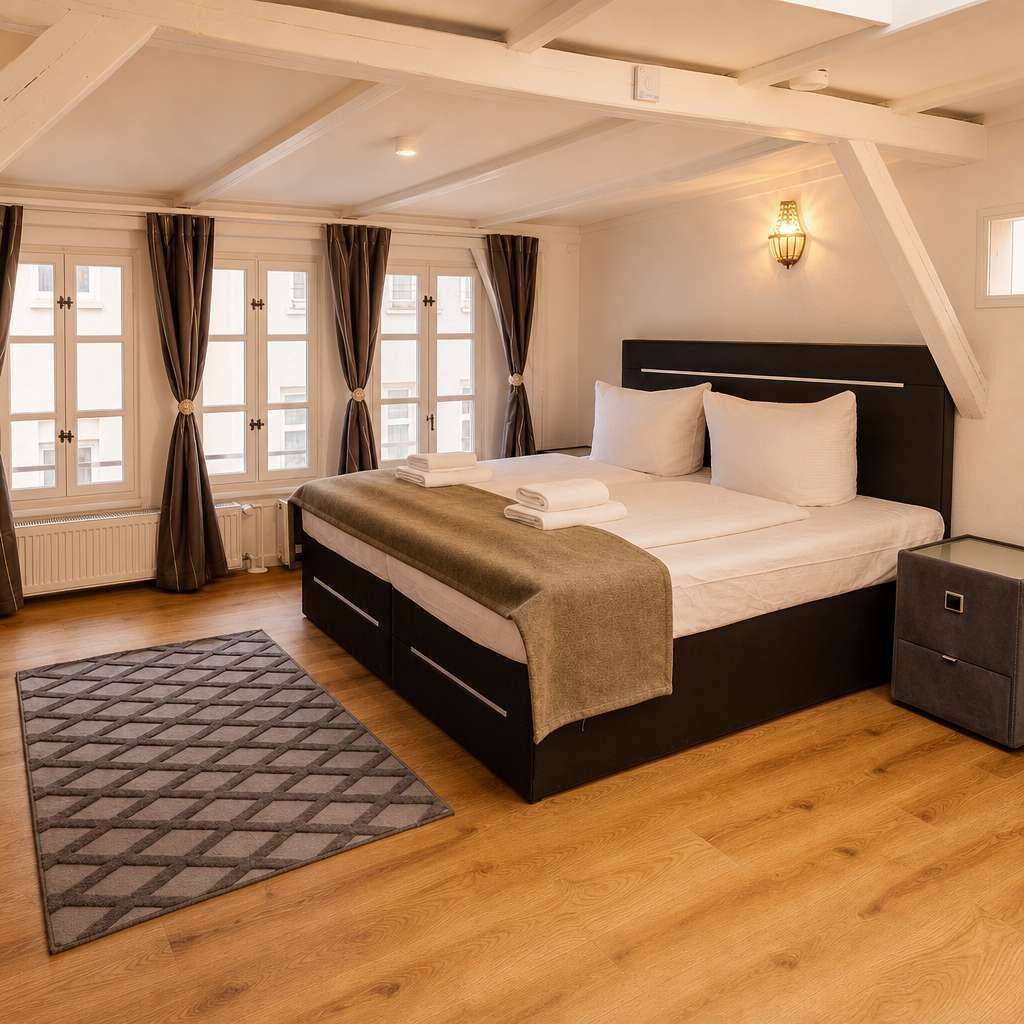 Een slaapkamer met een bed, nachtkastjes, een vloerkleed en een raam met gordijnen.
