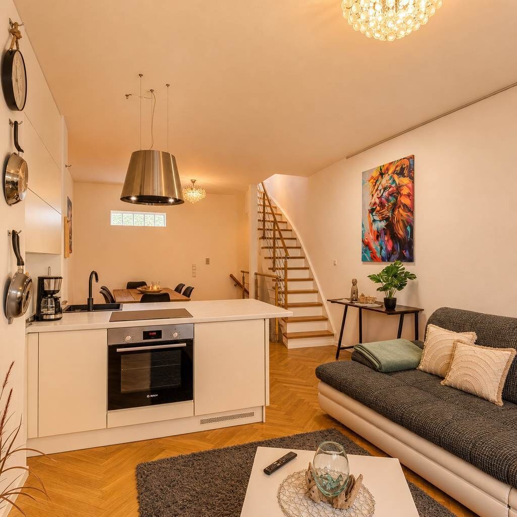 En kompakt opholdsstue med tekøkken, sofa, et billede og en trappe.