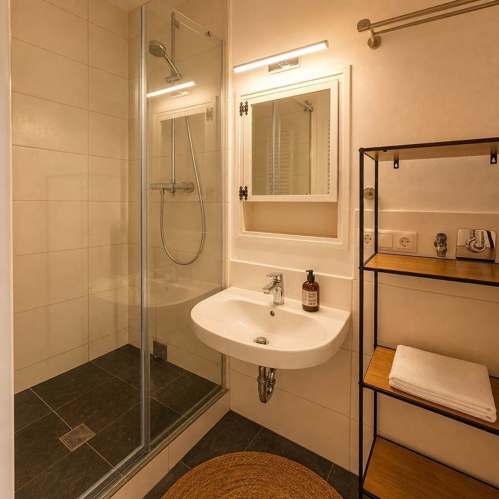Shower, hair dryer, shampoo