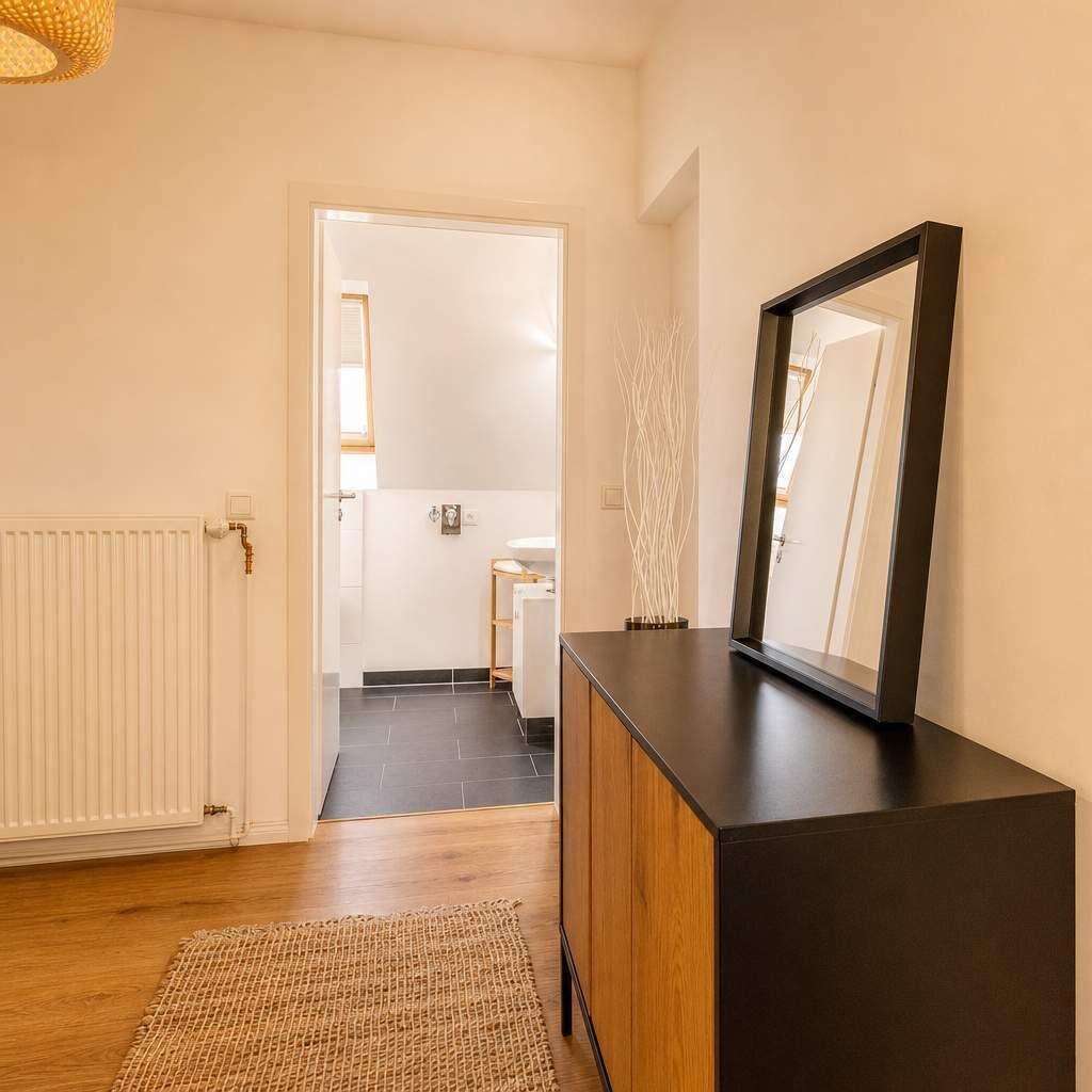 Un pasillo con un radiador, suelo de madera, alfombra tejida, un mueble negro con espejo y un vano que da a un baño.