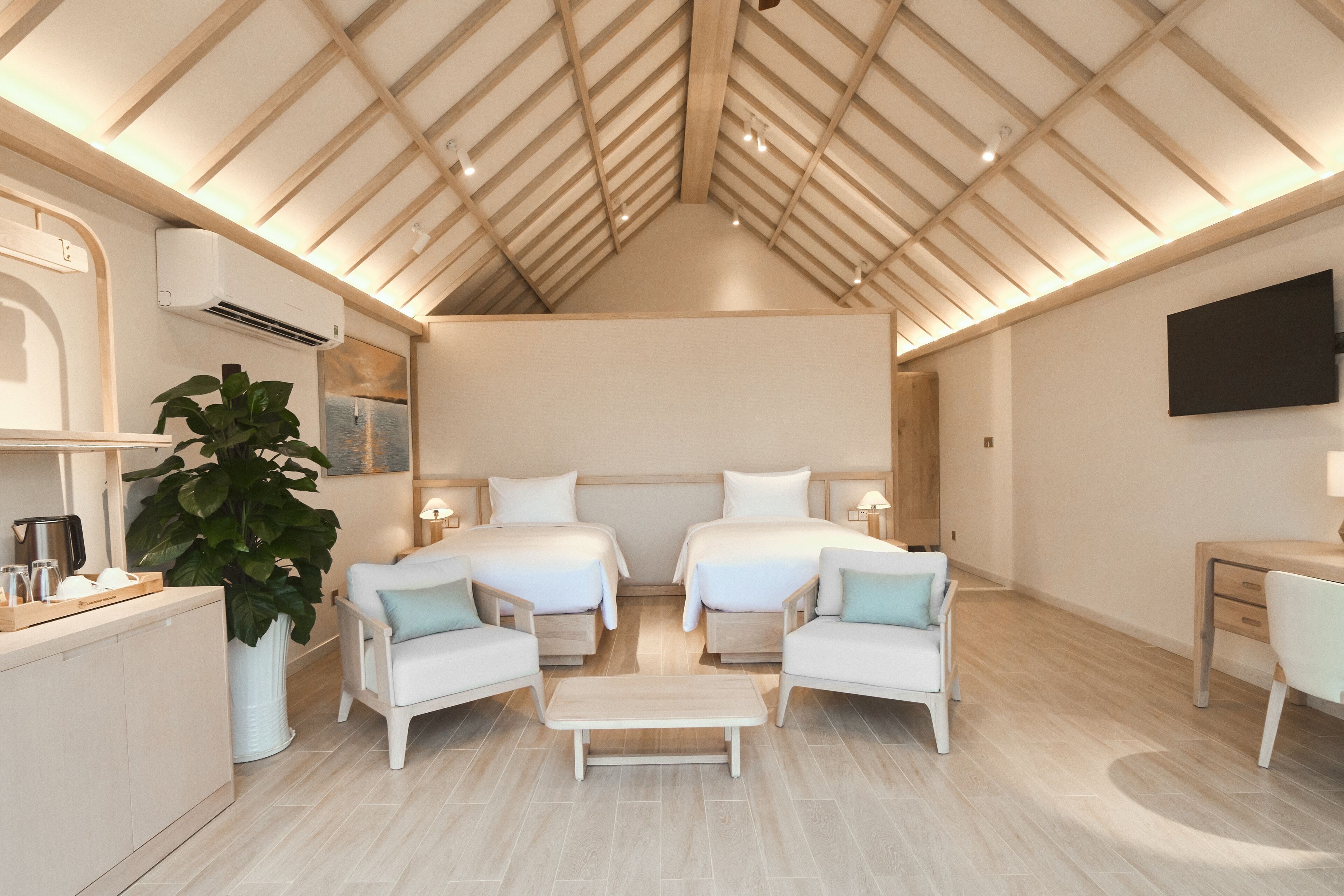 Habitación de hotel moderna con techo alto, dos camas, un escritorio, una silla, una mesa de centro, una planta y un televisor montado en la pared.