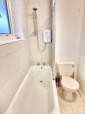 Ducha, secador de pelo, toallas y papel higiénico