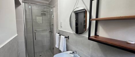 A modern bathroom with a glass shower enclosure, a white sink, and a mirror.