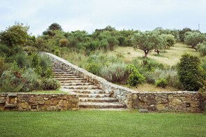 Un escalier en pierre menant au sommet dâune colline herbeuse, avec des arbres en arriĂšre-plan.