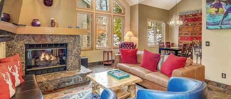 Smart TV, fireplace, books