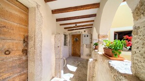 Un estrecho pasillo con paredes de piedra, vigas de madera, una puerta de madera y una planta en maceta.