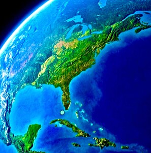 A view of Earth from space, highlighting the continents and oceans.