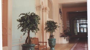 A hallway with two large potted plants, a wooden chair, and a red carpet. - Character apartment (Mont-Dore)