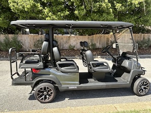 A golf cart with a canopy, seating, and a steering wheel. - ☀️Renovated 3BR End-Unit~Golf Cart~Patio-Community Pool~Villa Bliss☀️ (Miramar Beach)