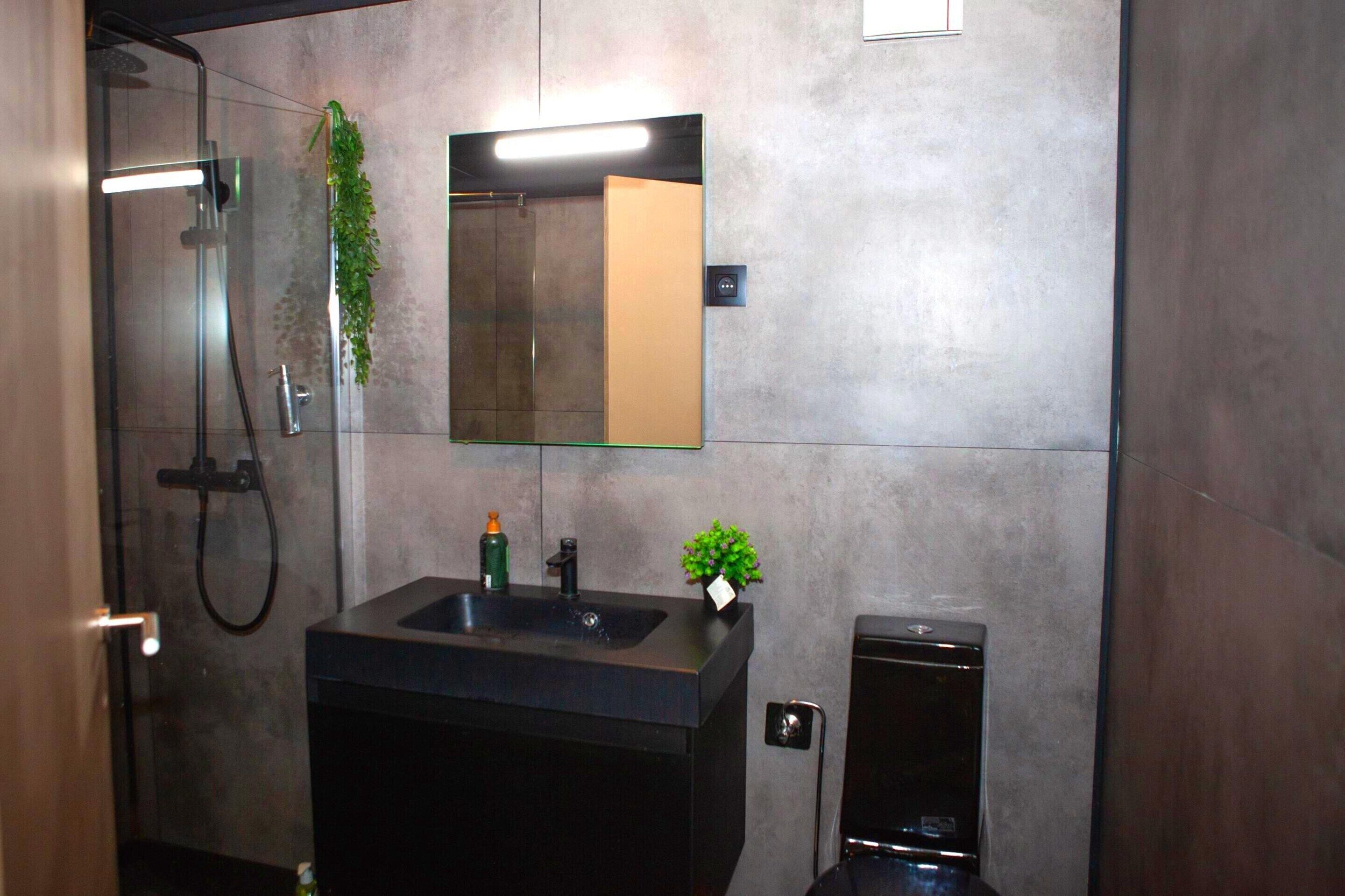 A modern bathroom with a large mirror, a sink, a shower, and a toilet.
