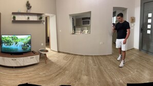 A living room with a grey sofa, a TV, and a small table with a plant. - Modern cozy home in Kos town (Kos)