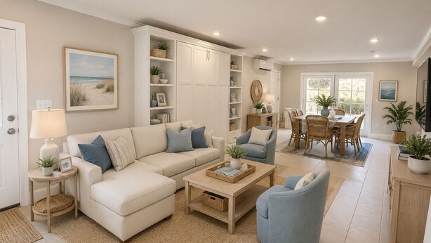 A spacious living room with a sofa, armchairs, a coffee table, and a dining area with a table and chairs. - Amazing Narragansett house - 5+ bdrm - Brand New!! (Narragansett)
