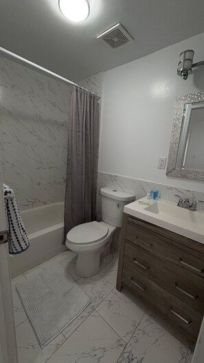 A bathroom with a bathtub, toilet, sink, and mirror. - Bed & Breakfast Coconut Grove Miami (Miami)
