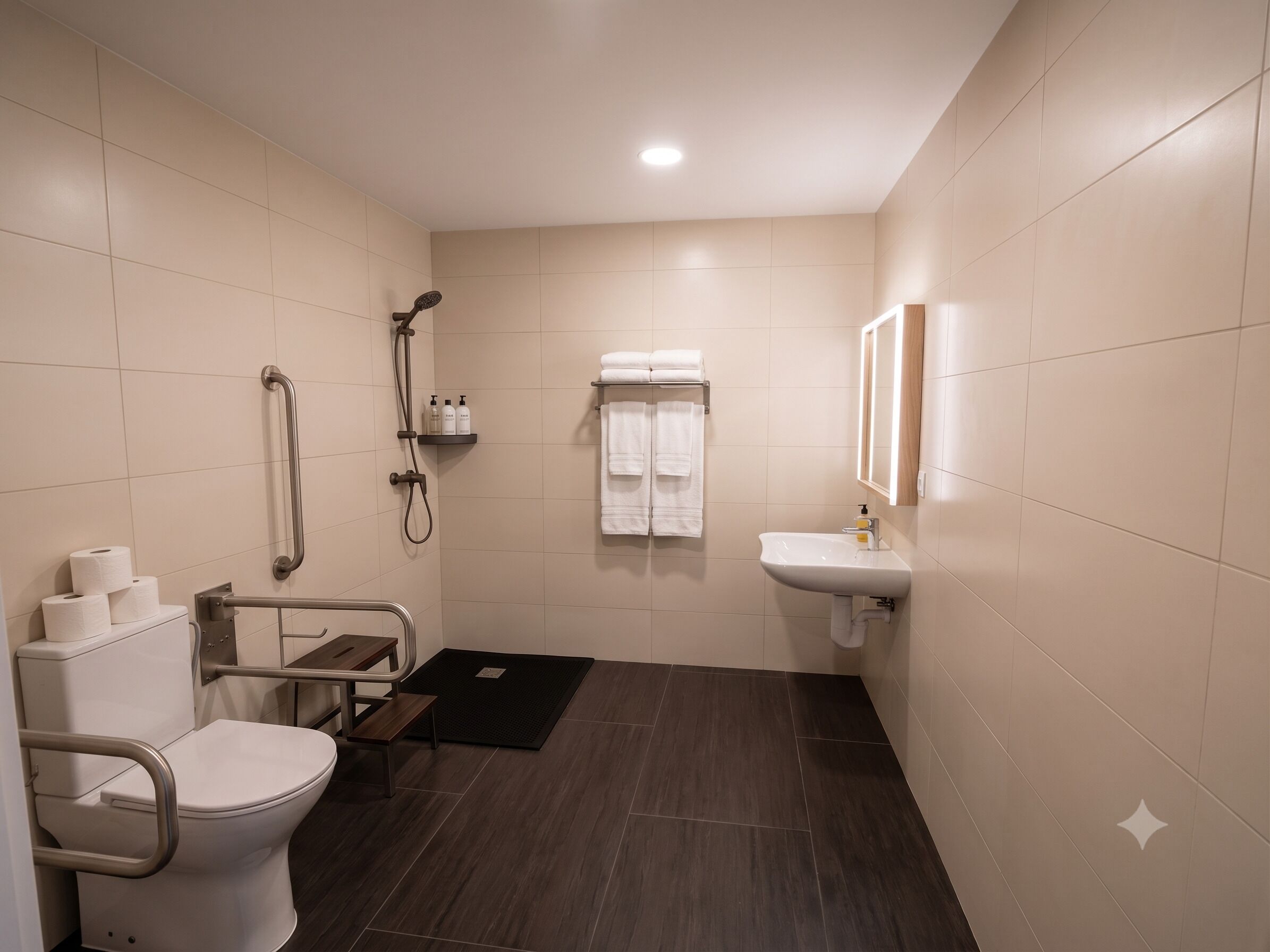 Familiekamer | Badkamer | Een douche, een regendouche, een haardroger, handdoeken