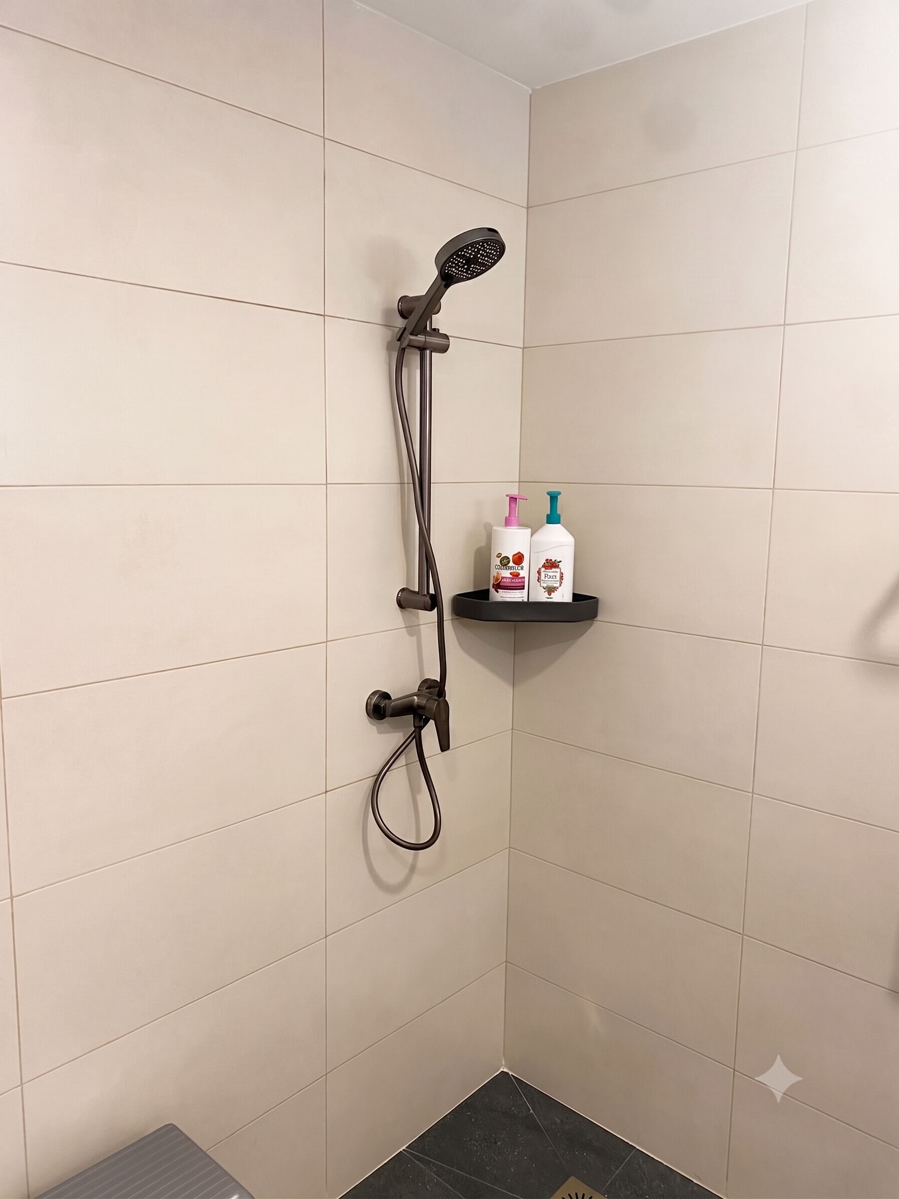 Un área de ducha con cabezal de ducha de mano, grifo empotrado en la pared y estante con dos botellas de champú y acondicionador.
