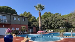 A pool area with lounge chairs, a palm tree, and a building with a balcony.