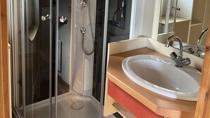 A glass-enclosed shower with a handheld showerhead, a sink with a mirror, and a wooden cabinet.