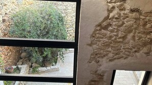 Une pièce dotée d’une grande fenêtre, d’un mur en pierre et donnant sur un jardin extérieur.