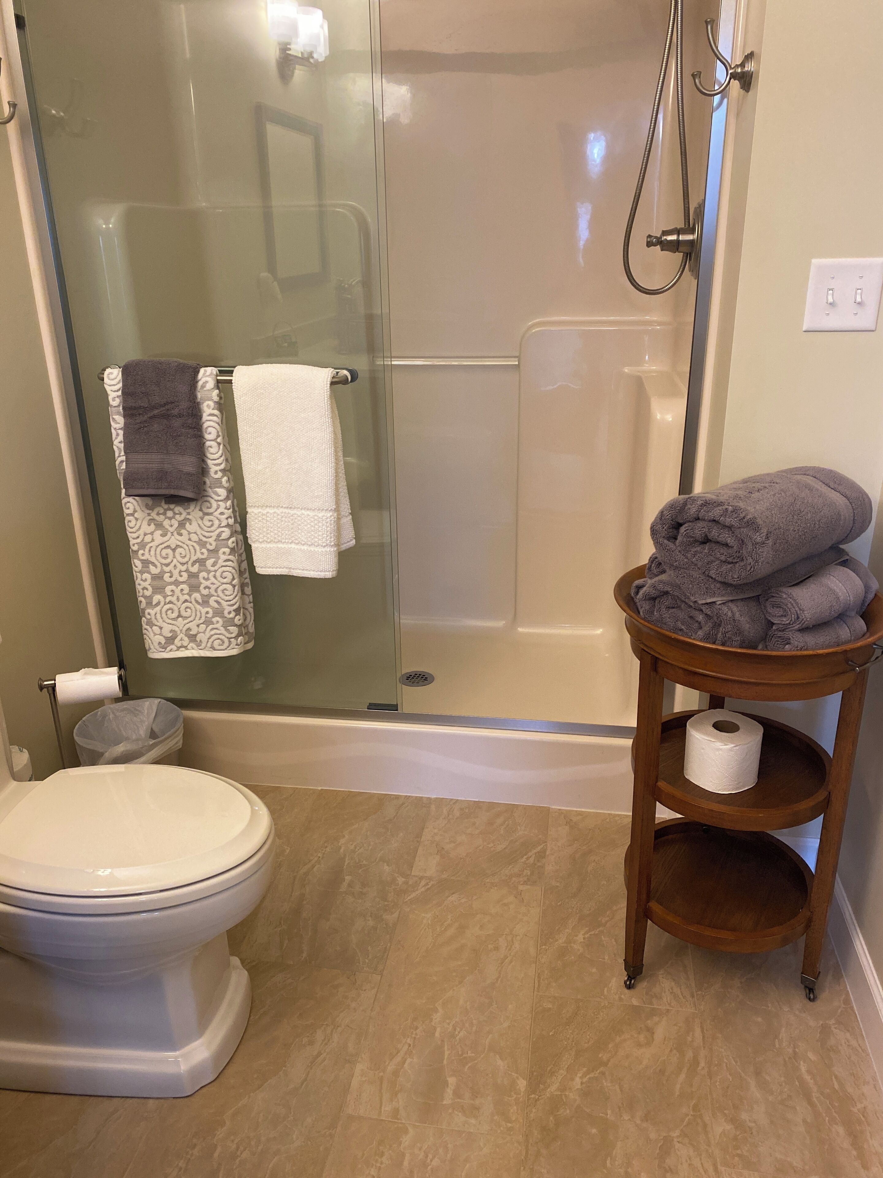 A bathroom with a glass shower enclosure, a toilet, a sink, and a small wooden shelf with towels and toilet paper.