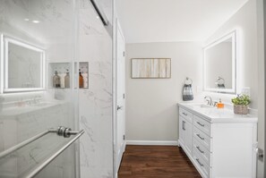 Hair dryer, towels, soap, shampoo