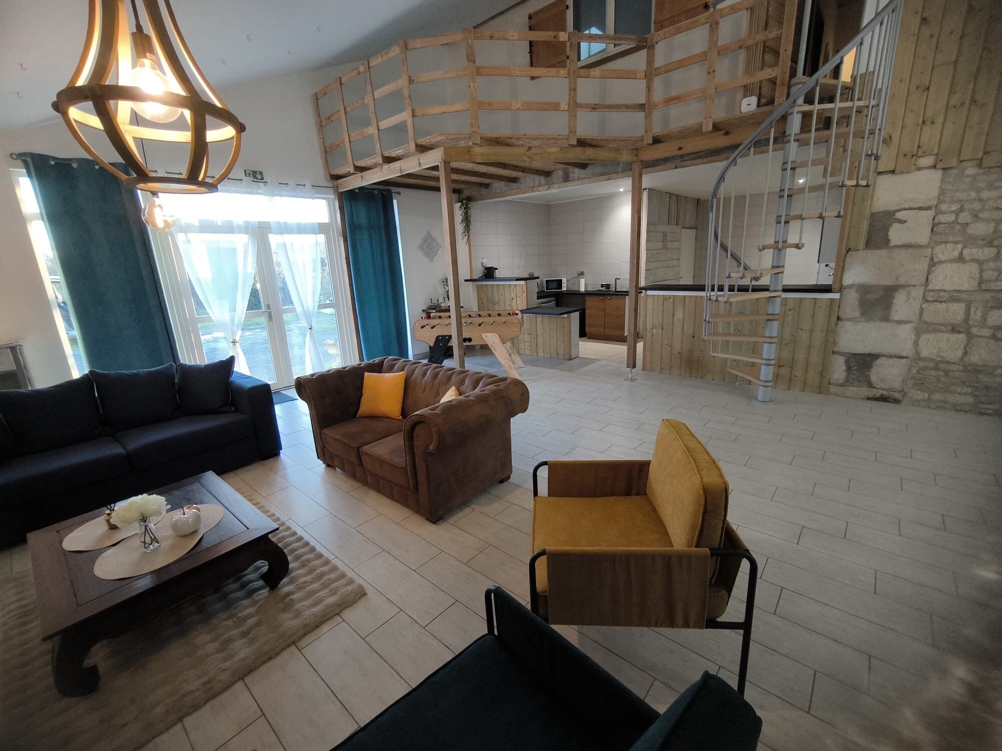Smart TV, fireplace, table football, books