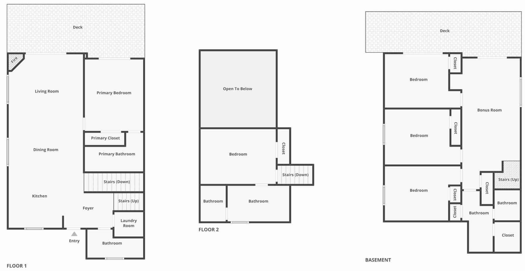 A three-floor layout with a deck, living room, dining room, kitchen, and various bedrooms.